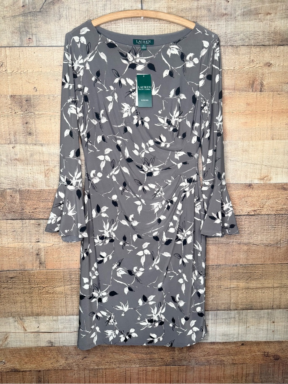 Lauren Ralph Lauren Dress Sz 10 NWT MSRP $125.00 Floral Bell Sleeve Gray